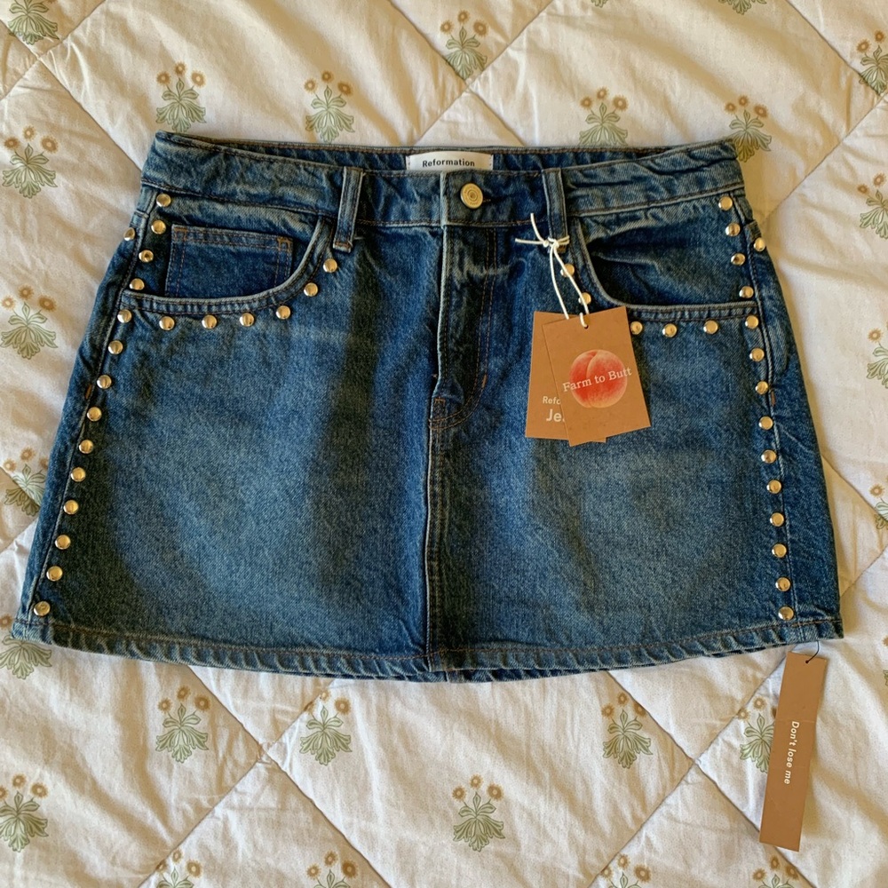 Reformation Hazel Denim Mini Skirt Lanier Studded Size 27 NWT